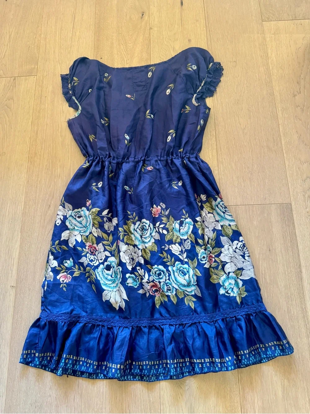 Johnny Was Navy Blue Floral Tiered Mini Dress